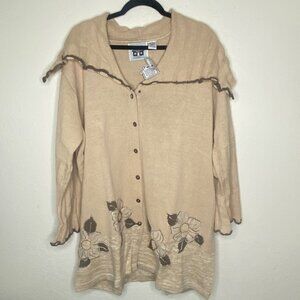 Storybook Knits Cardigan Sweater Womens 3X Beige Embroidered Chunky Grandma